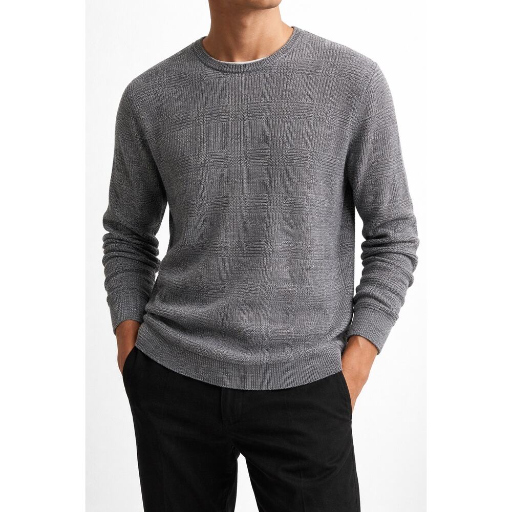 ZARA MAN Gray Textured Knit Sweater Crew Neck Pullover Size M Modern Minimalist